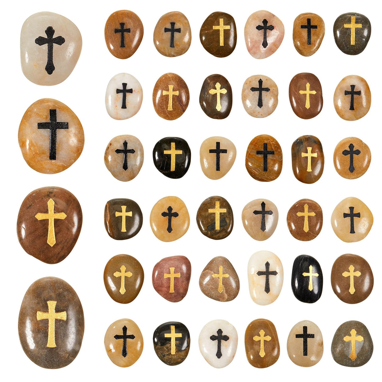 Fabbay 40 Pcs Engraved Cross Worry Stones for Pray Faith, Inspirational Memorial Stones Christian Clinging Cross Rocks for First Communion Mother's Day Religious Gifts 4 Styles, 1-2'' Each