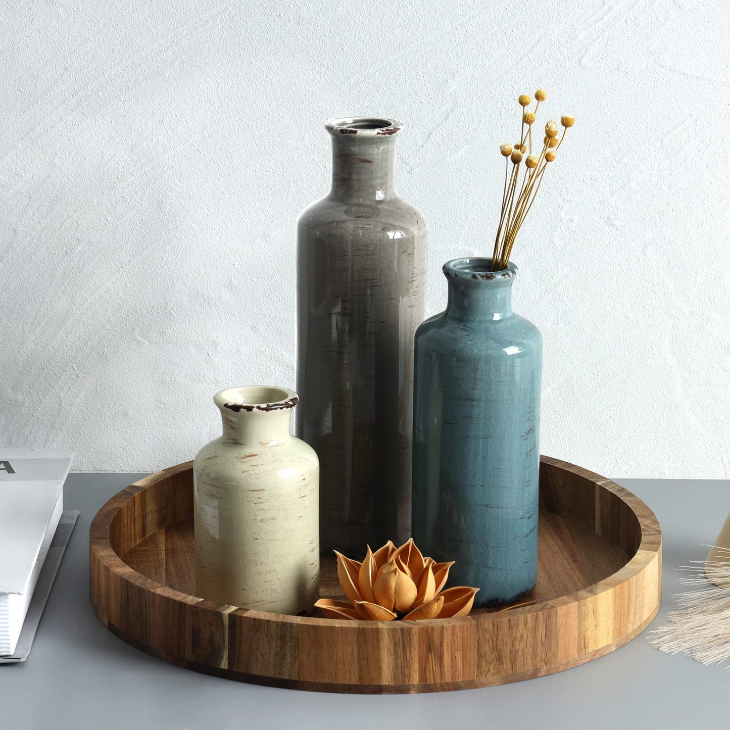 CUCUMI Ceramic Vases Set of 3, Rustic Coastal Vases Home Decor, Farmhouse Flower Vases Decor for Shelves, Ocean Beach Style, Mantle, Fireplace, Coffee Table, Shelf Decorations