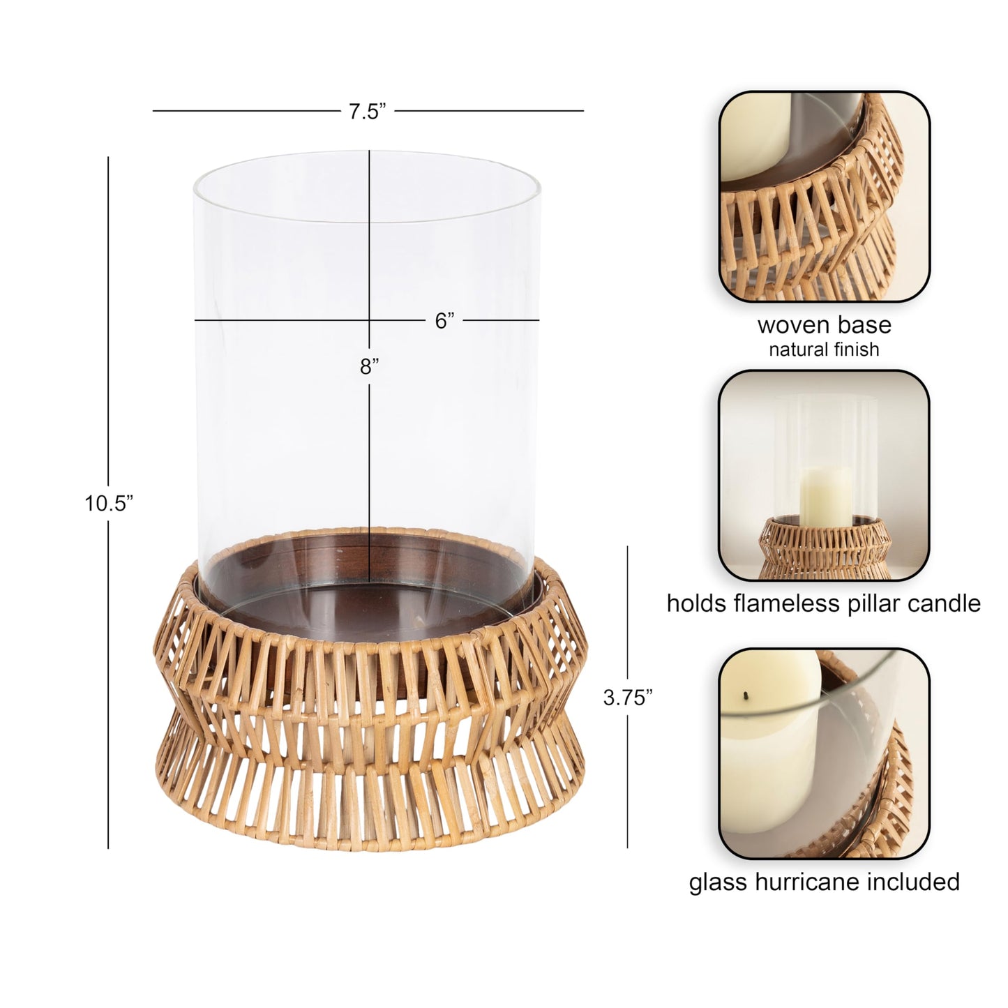 Kate and Laurel Rashana Modern Boho Rattan Pillar Candle Holder, 8 x 8 x 11, Natural, Coastal Hurricane Candle Holder with Glass Cylinder for Living Room Decor