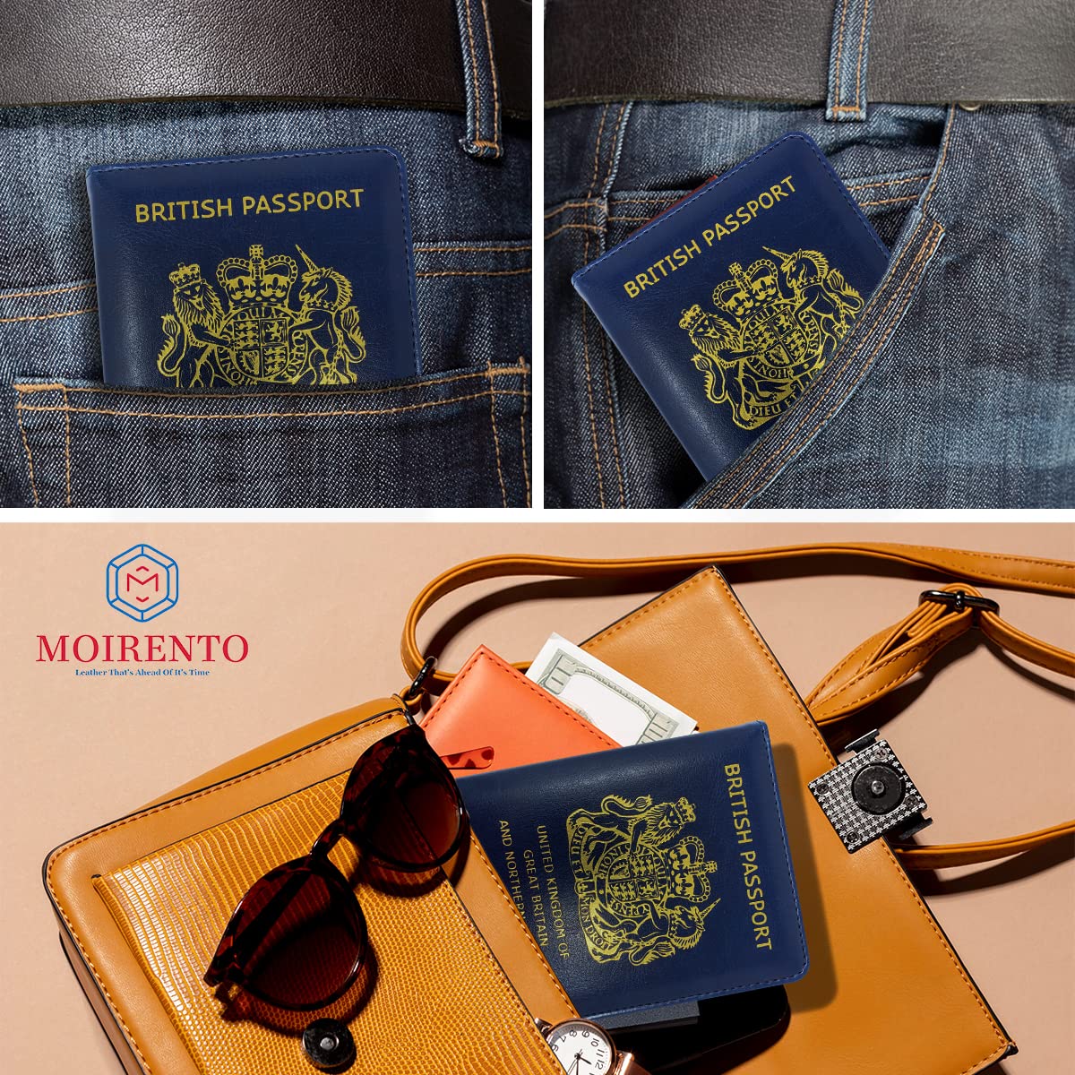 MOIRENTO, Passport Holder, Navy Blue, PU Leather Passport Holders, UK Passport Cover, Passport Wallet, Passport Holders, Passport Holder for Women, Men, British