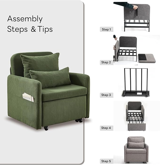 Iroomy 5-Level Adjustable Convertible Sleeper Chair, 3-in-1 Corduroy Pull Out