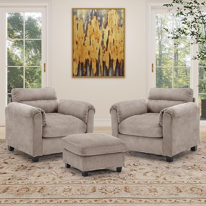 HAOMARKETS Corduroy 3-Piece Sofa Set, Upholstered Ottoman and Accent Chair Sofa