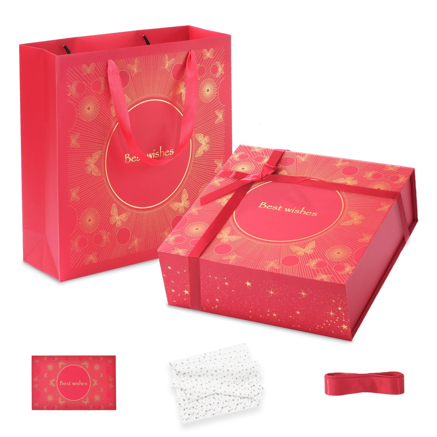 Amalee Gift Box with Lid 12x12x4 Inches, Large Red Magnetic Box Set with Gift Bag, Card, Ribbon & Tissue Paper, No Glue Needed Packaging for Bridesmaid Proposal, Wedding, Birthday Party