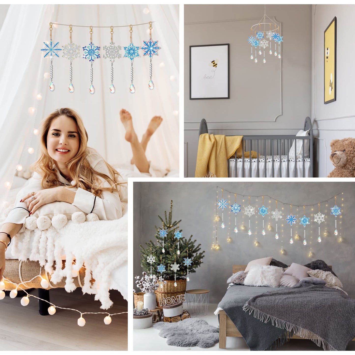 Perthlin 6 Pcs Christmas Snowflake Diamond Art Kits Double Sided Winter Diamond Wind Chimes Art for Window Christmas Tree Decoration Snowflake Suncatchers for DIY Crafts Wonderland Decoration