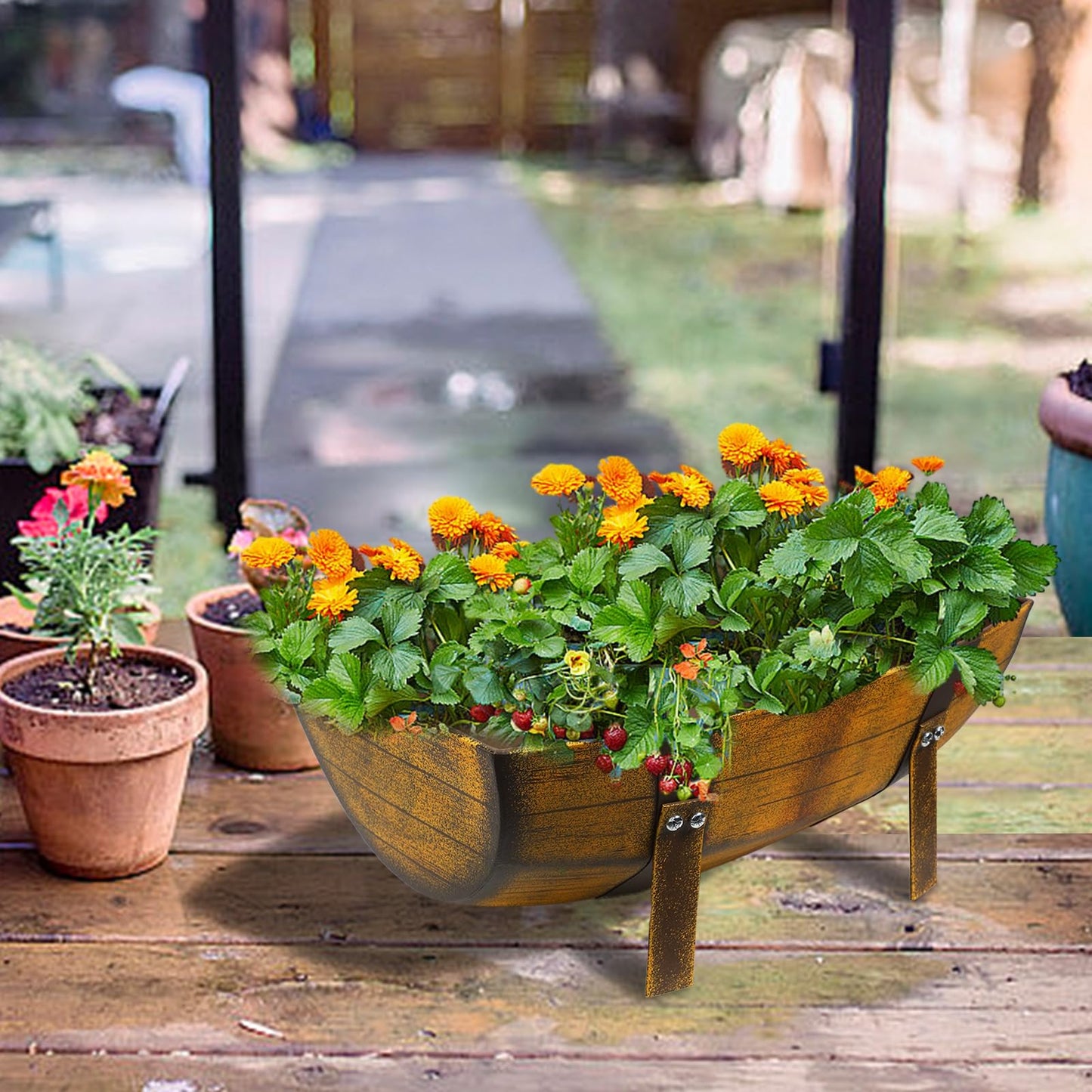 Aoutrow 15.43In 2 Pack Rustic Barrel Planters, Decorative Outdoor Garden Backyard Planter with Legs, Metal Flower Pot Half Barrel Planter Box, Brown