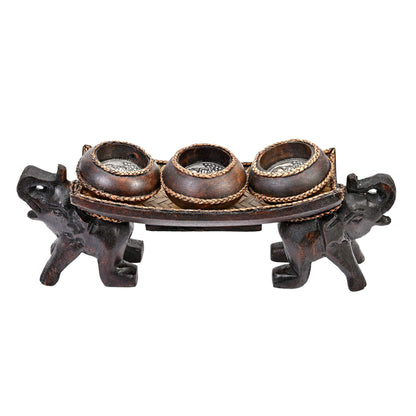 AeraVida Twin Elephant Rain Tree Wood Candle Holder with Three Vases, Hand Carved Safari Animal Centerpiece Home Decor