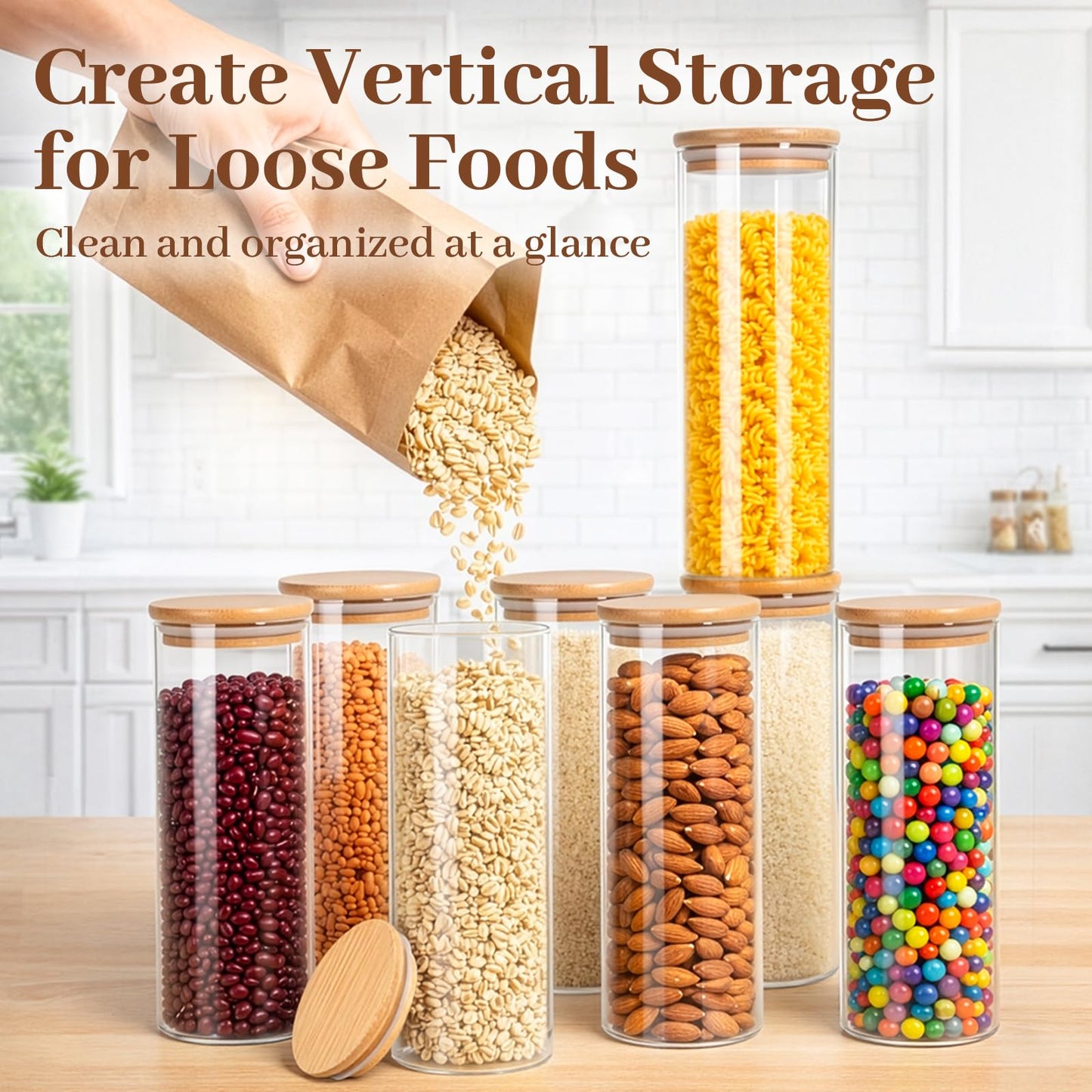77L Stackable Glass Food Storage Containers with Lids [Set of 8 ], Airtight Glass Canister for Kitchen & Pantry Organization, Clear Borosilicate Jars for Pasta, Cereal, Flour, Sugar, Nuts
