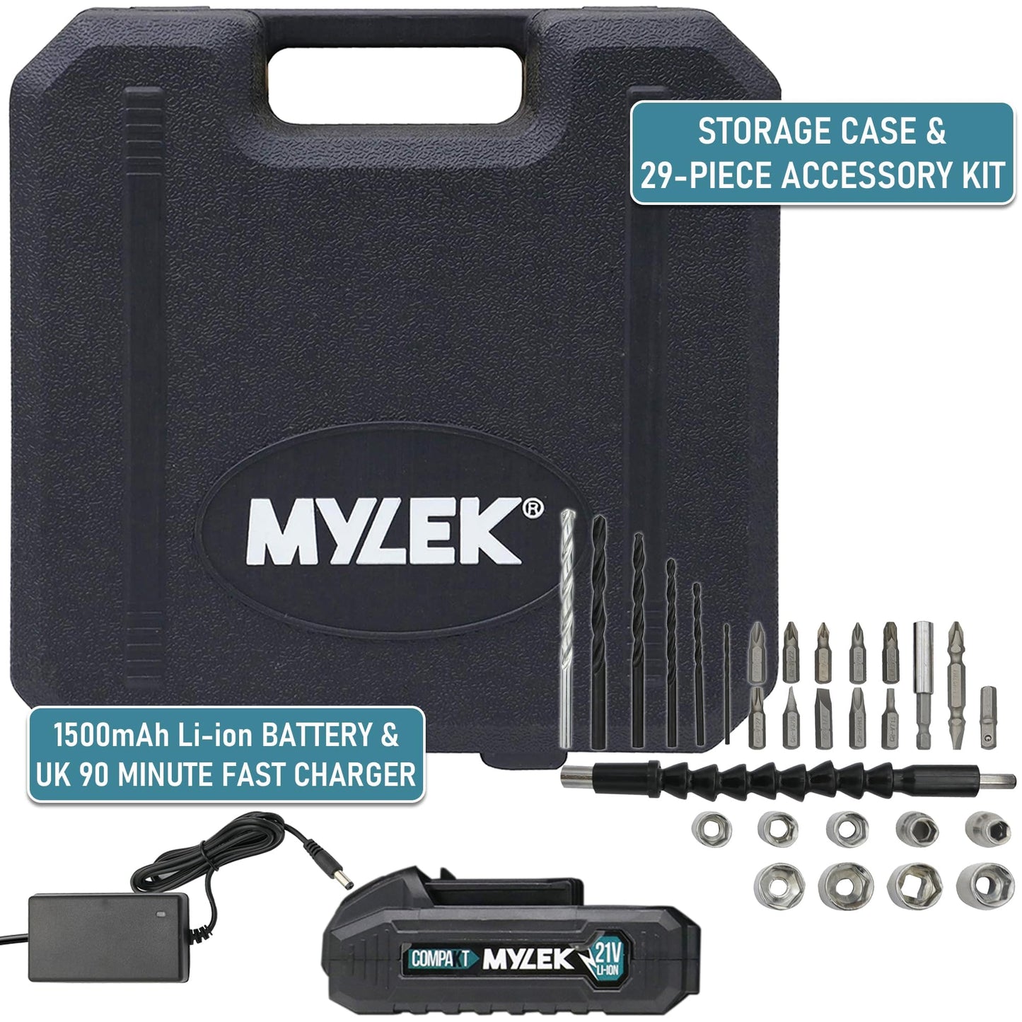 MYLEK MYBMC092 18V Cordless Drill Electric Driver Set, Lithium Ion Battery, 18 Volt Combi Screwdriver Pack, Black, 151 DIY Piece Accessory Kit and Carry Case (Blue 21V & 29 Piece Accessory Kit)