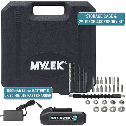 MYLEK MYBMC092 18V Cordless Drill Electric Driver Set, Lithium Ion Battery, 18 Volt Combi Screwdriver Pack, Black, 151 DIY Piece Accessory Kit and Carry Case (Blue 21V & 29 Piece Accessory Kit)