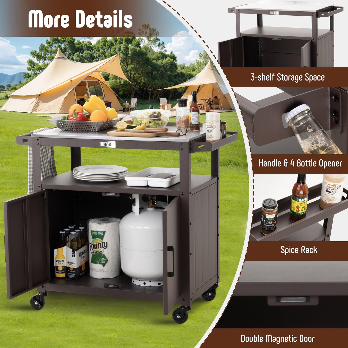 Feasto Outdoor Grill Cart with Stainless Steel Tabletop and Storage Cabinet, Movable Kitchen Island with Wheels for BBQ Food Prep, Brown