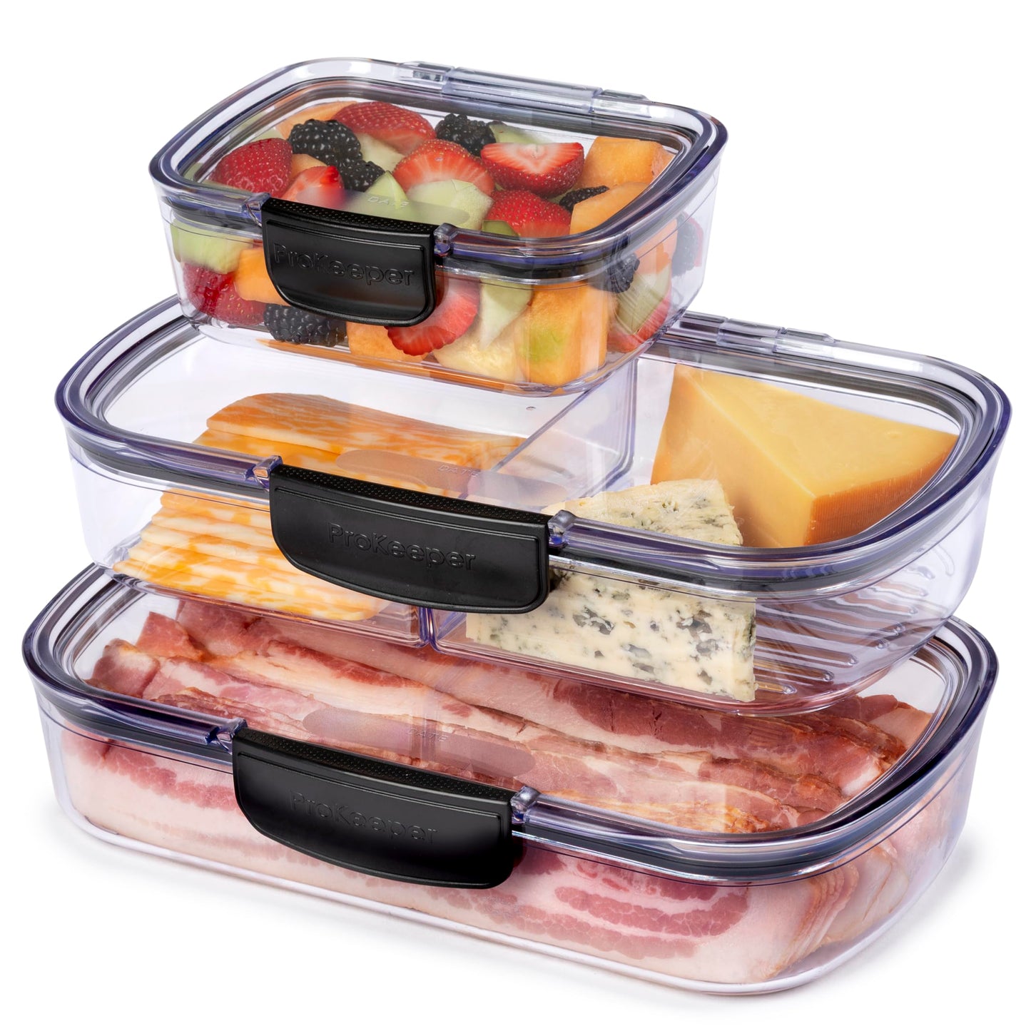 Progressive Prokeeper + Deli Storage Set: Air-Tight Silicone Sealed Containers w Grooved Bottom, Dry Erase Lid, BPA-Free, Stackable, Keeps Meats & Cheeses Fresh Longer, 3-Piece Set (1.65L, .69L, 1.6L)