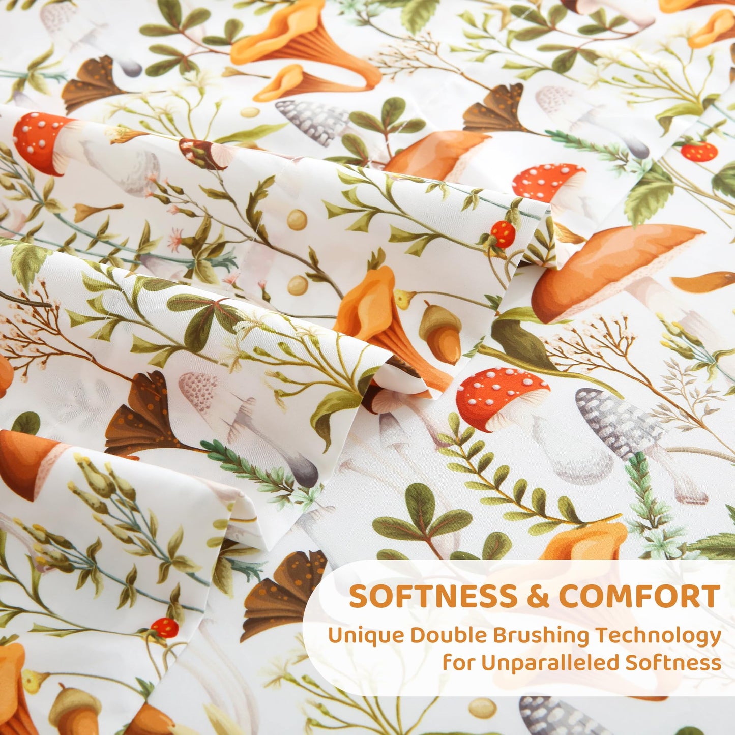 Mooreeke Cozy Vintage Microfiber Printed Queen Sheet Set - Soft & Breathable Percale Mushroom Forest Bed Sheets with Extra Deep Pocket - Non-Slip Fitted Design - Jungle Mushroom Leaves Pattern - Queen