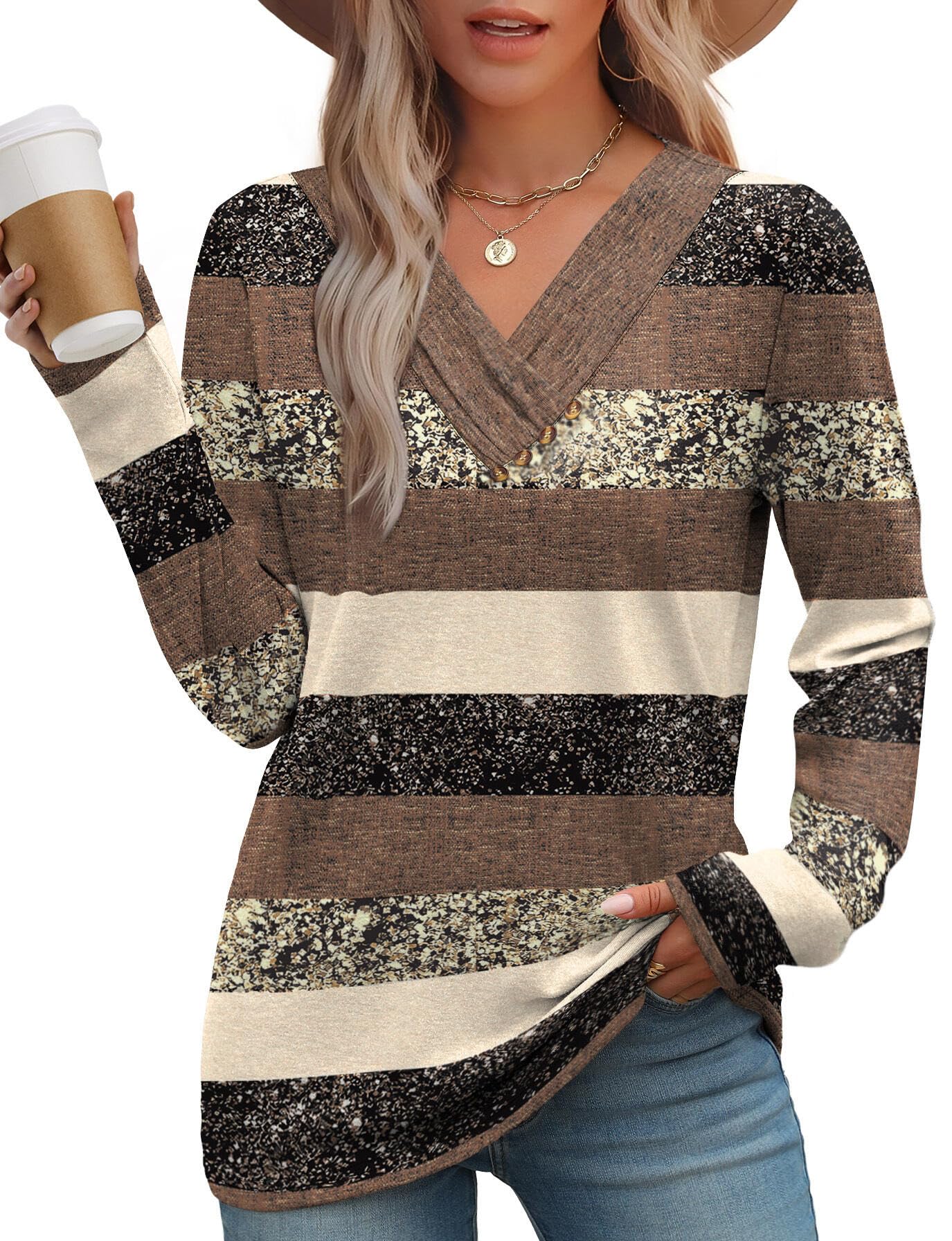 WIHOLL Long Sleeve Shirts for Women Fall Outfits V Neck T Shirts Button Down Tunic Tops Fashion Clothing