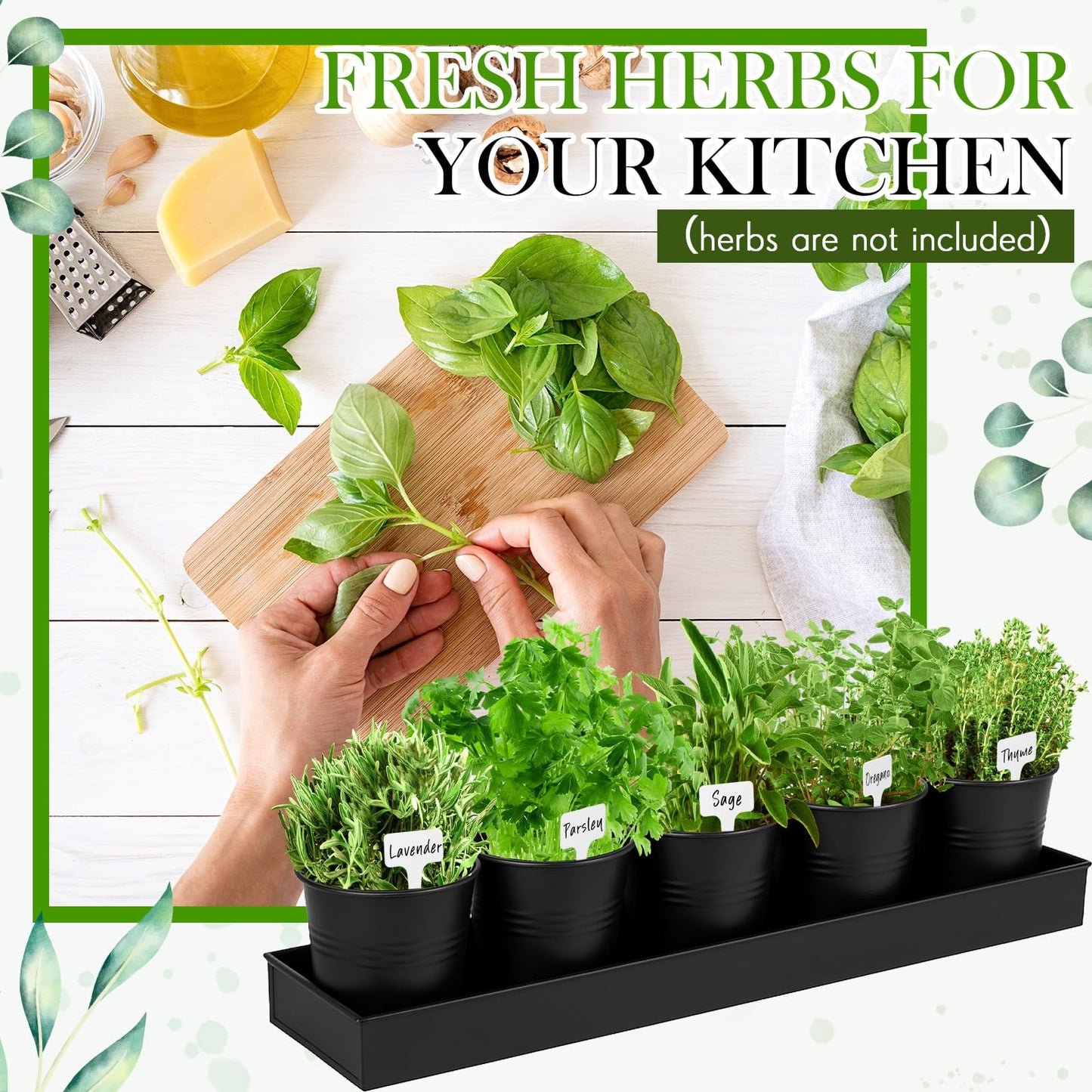 FoldTier 2 Sets Herb Garden Planter Indoor Kit with Trey 10 Pcs Metal Windowsill Plant Pots with Drainage Holes Indoor Herb Planter with Marker and Labels for Home Outdoor Plants (Black)