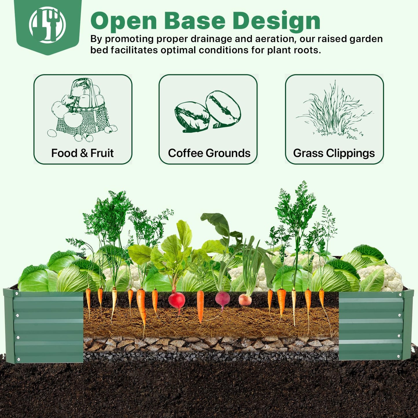 ONCEMORE Galvanized Raised Garden Bed for Vegetables Flowers Herbs, Metal Raised Garden Bed Kit with 2 PCS Tomato Cage, Gloves, Trellis Netting, Plant Labels, Plant Ties, Green 6×3×1FT