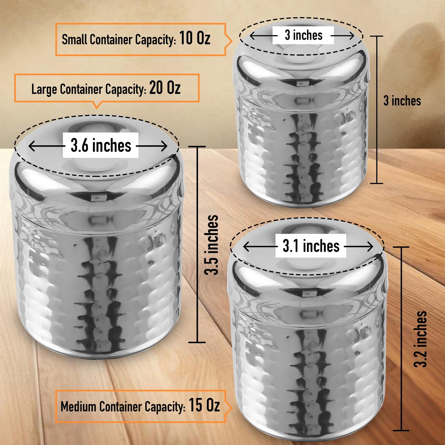 CRAFTONE Stainless Steel Hammered Containers Set of 3 with Spoon, Ideal for Tea, Coffee, Sugar, Masala Storage Sugar Container with Lid for Salt, Coffee, Dishwasher Safe (10 Oz, 15 Oz, 20 Oz)
