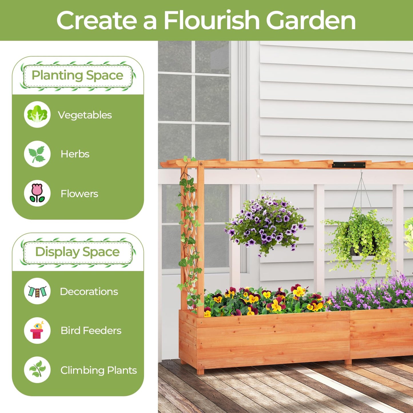 HAPPYGRILL Raised Garden Bed with Trellis, Freestanding Wood Planter Box w/Hanging Roof & 8 Drainage Holes for Vine, Climbing Plants, Flowers, Outdoor Planter with Trellis for Garden, Patio, Yard