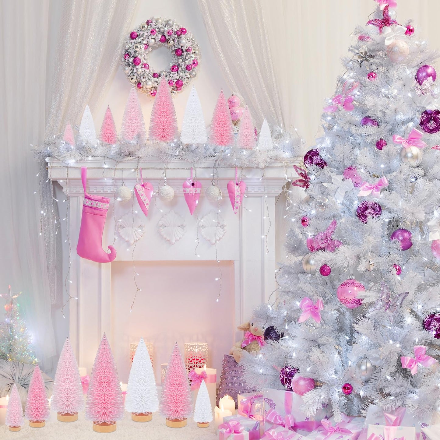Leyndo 9 Pcs Pink Classic Artificial Mini Christmas Tree Sisal Bottle Brush Trees with Wood Base Christmas Pine Trees for Autumn Winter Holiday Home Kitchen Party Decor