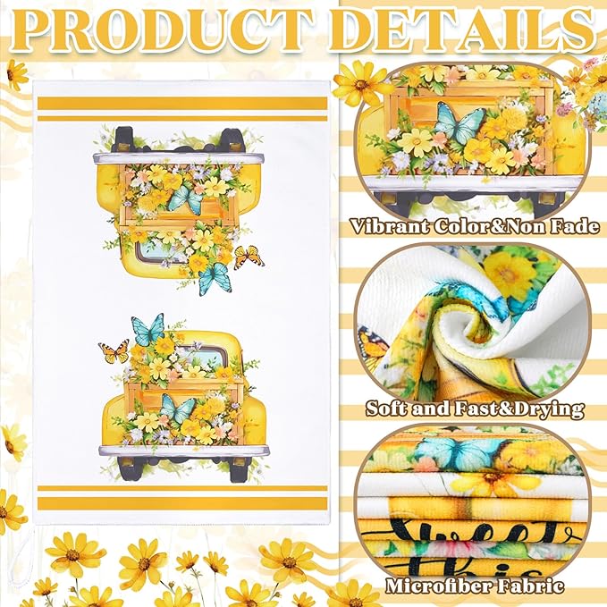 Boyiee Set of 6 Yellow Flower Kitchen Towels Decorative Floral Tea Towels