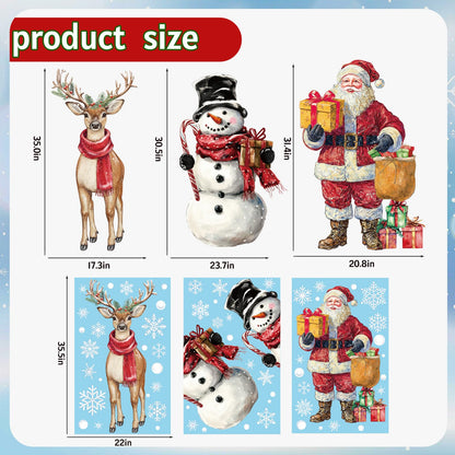XZENTIRA Large Christmas Window Clings 3 Sheets Extra Large Santa Claus Snowman Reindeer Snowflake Window Stickers Double-Sided Holiday Window Decals for Xmas Glass Windows Home Party Decorations