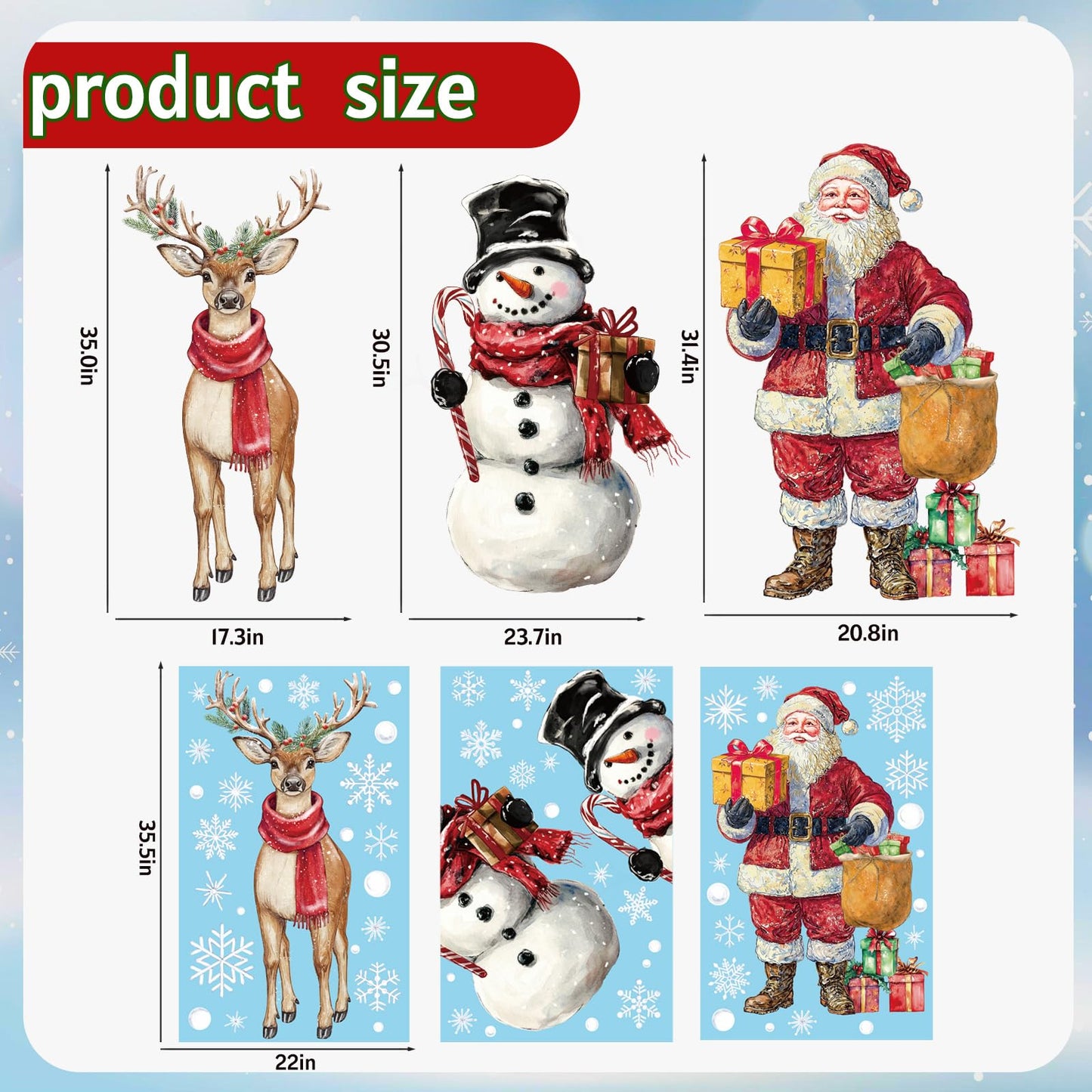 XZENTIRA Large Christmas Window Clings 3 Sheets Extra Large Santa Claus Snowman Reindeer Snowflake Window Stickers Double-Sided Holiday Window Decals for Xmas Glass Windows Home Party Decorations