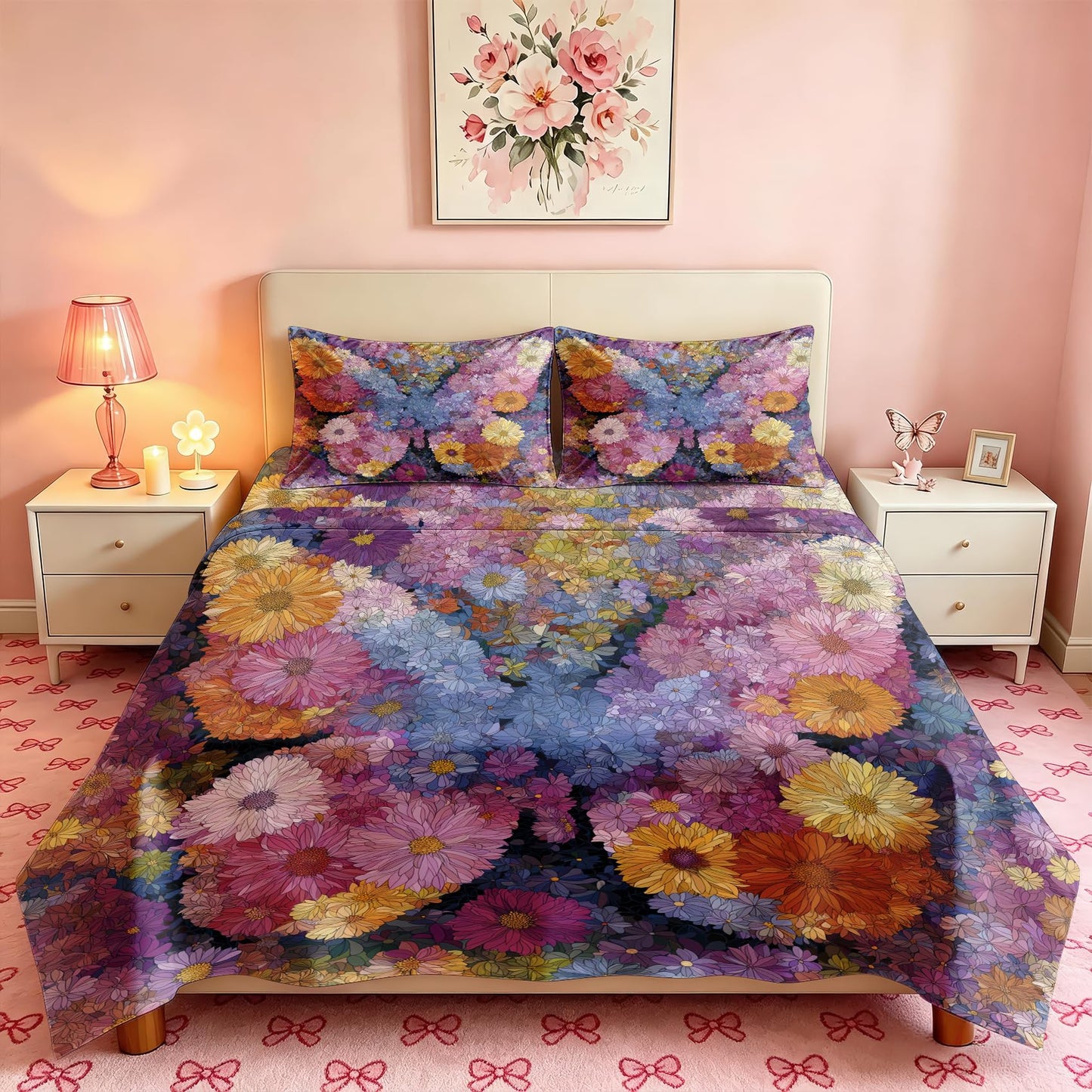 Daisy Flower Queen Bedding Set Girls Colorful Floral Sheet Sets