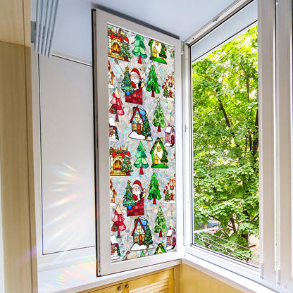 Christmas Tree Window Privacy Film Stained Glass Stickers Christmas Santa Claus Privacy Rainbow Decals Living Room Sun Blocking Decor Xmas Static Cling Stickers for Party Decor 17x 39.3 Inch