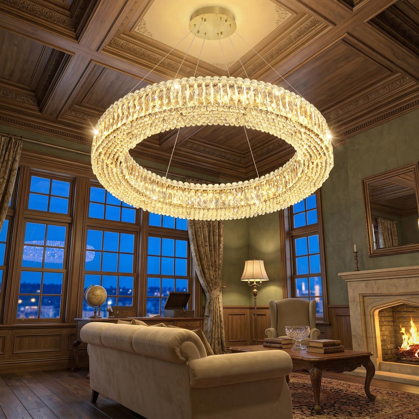 dolria Modern Crystal Chandeliers for Living Room Dimmable LED Pendant Lighting for Dining Room Ring Handing Light Fixture for Bedroom Foyer Gold