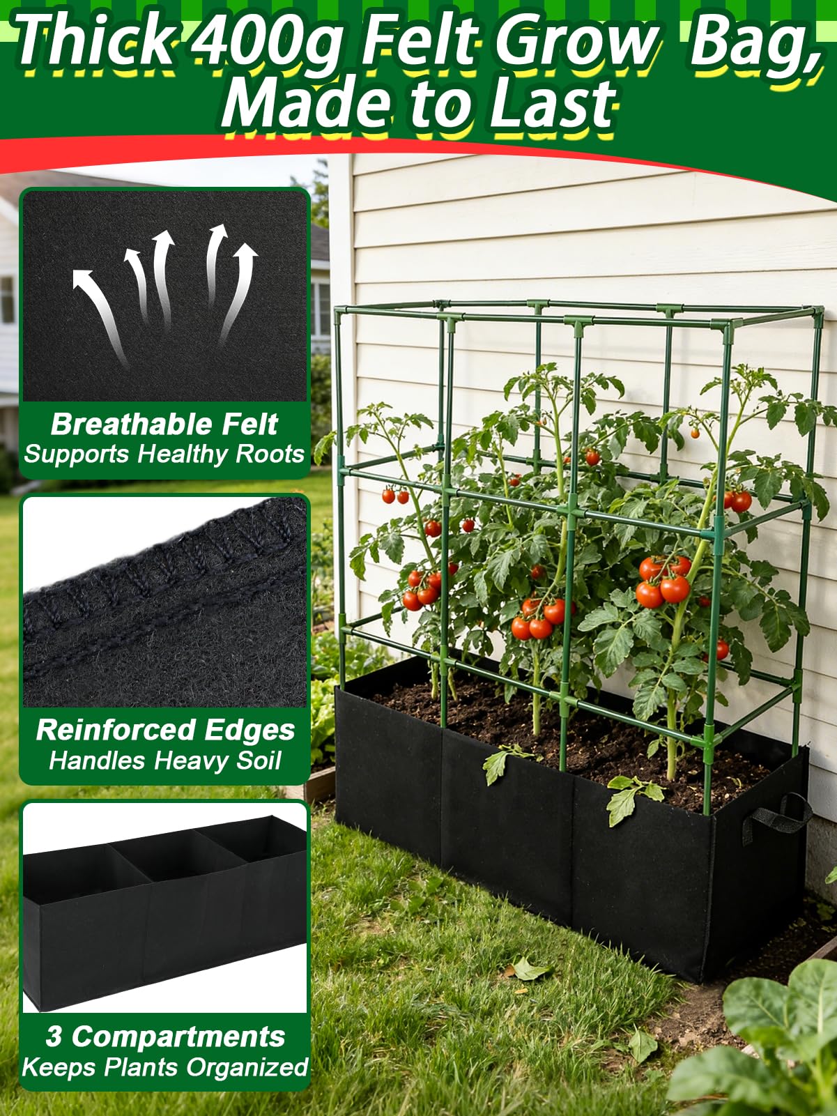 Tomato Cage with 3 Compartment 51 Gallon Grow Bag - 47" L × 15.7" W × 45" H Heavy Duty Square Tomato Planter Trellis, Easy to Assemble, for Garden Patio Balcony Climbing Vegetables Flowers Fruits
