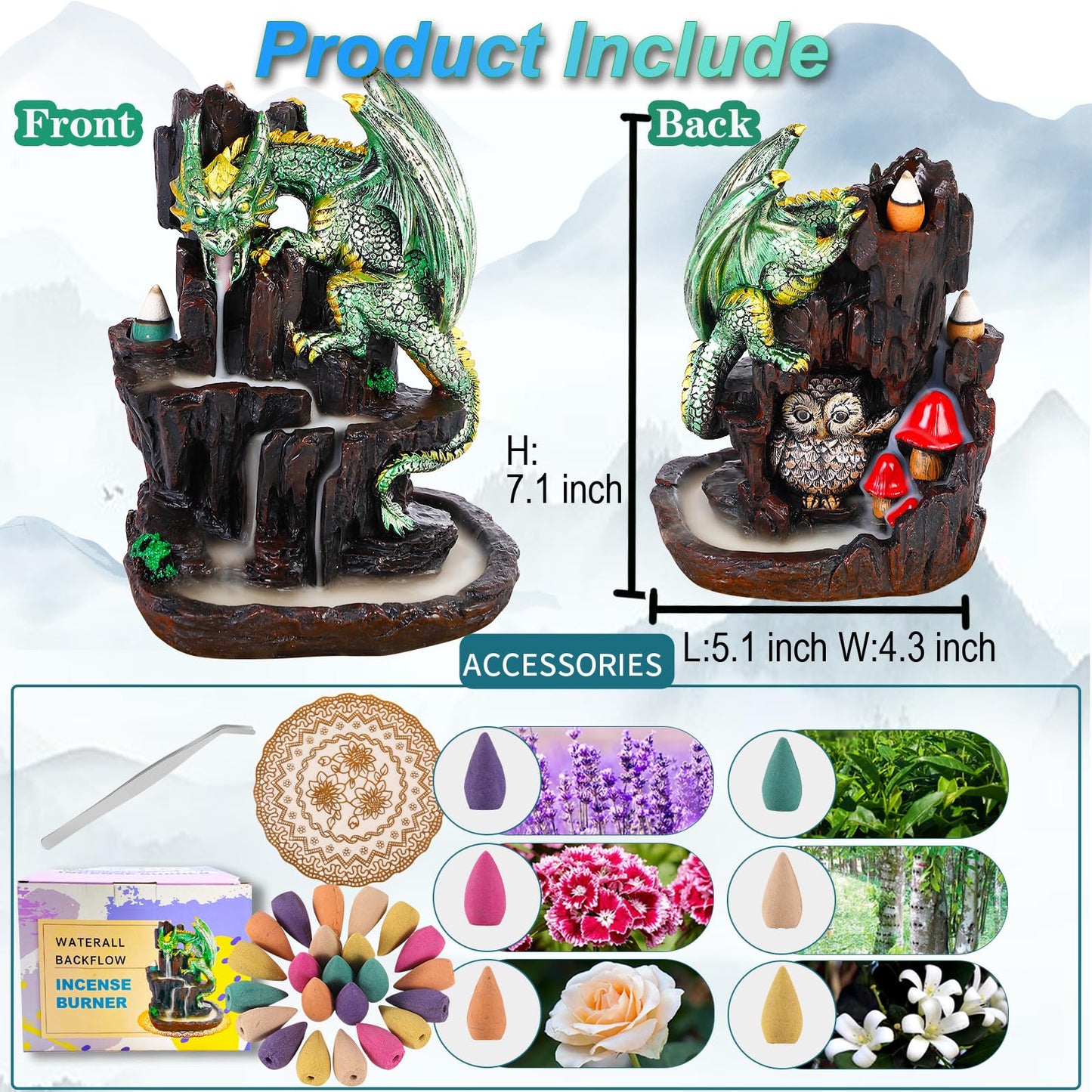 Zvaiuk Dragon Backflow 2 Sided Mountain Waterfall Incense Burner,Fountain Smoke Incense Holder with Backflow Incense Cones, Tweezers, Mat，Resin Aromatherapy Meditation (Green)