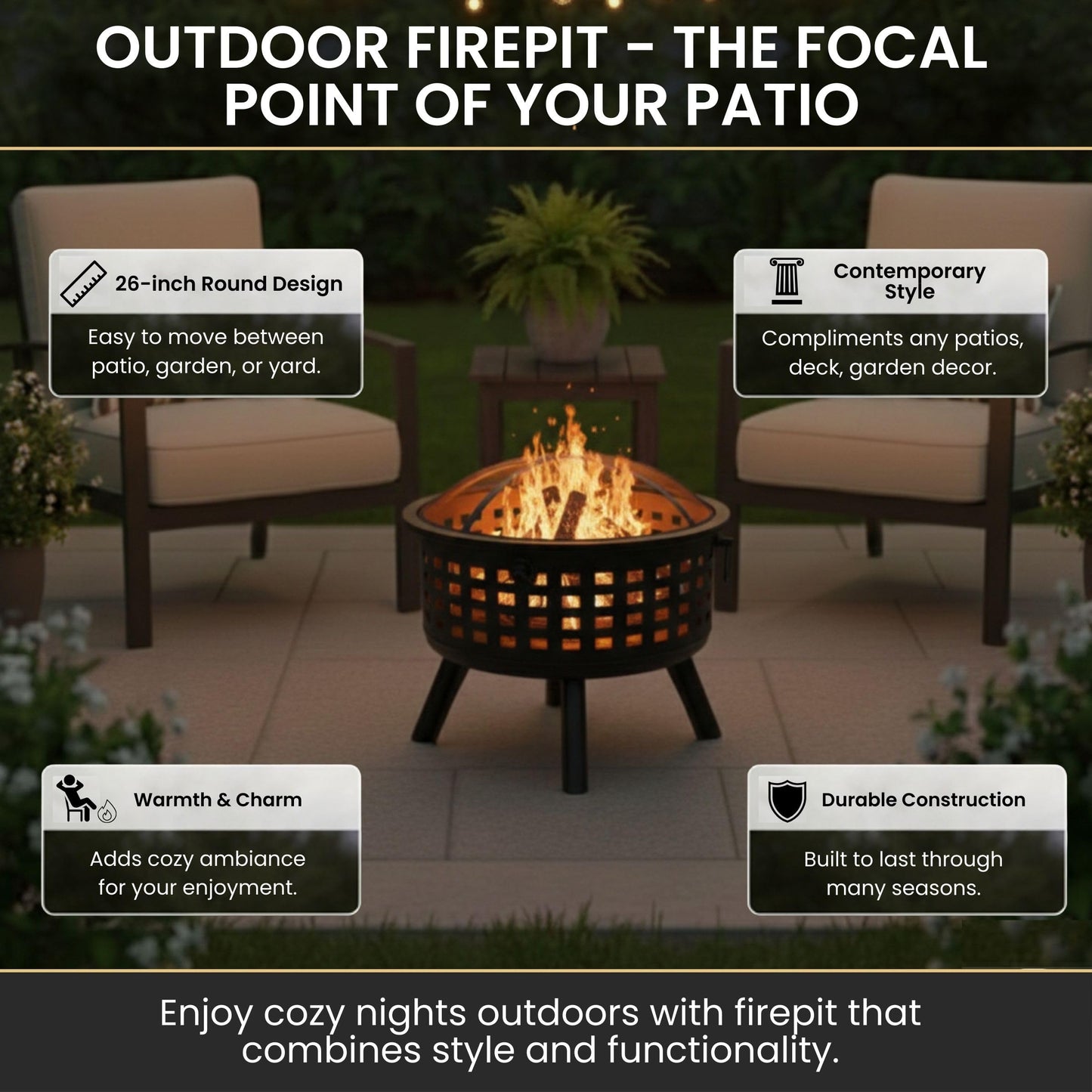 Outdoor Fire Pit - 26-Inch Round Lattice Wood Burning Firepit with Screen, Poker, Grate and Cover - Wood Fire Pits & Outdoor Fireplaces by Pure Garden