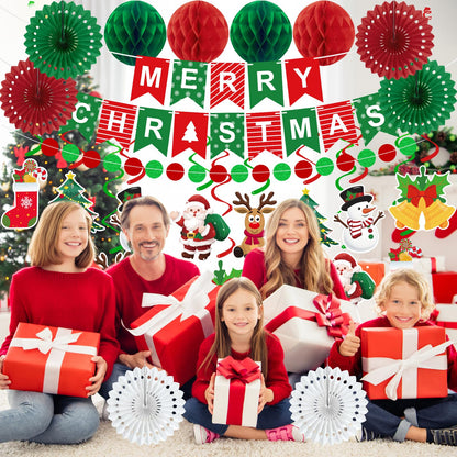 25pcs Christmas Party Decorations Merry Christmas Banner Paper Fan Garlands String Circle Dot Honeycomb Ball Swirl Streamers Snowman Santa for Xmas Decorations Indoor Home Decor