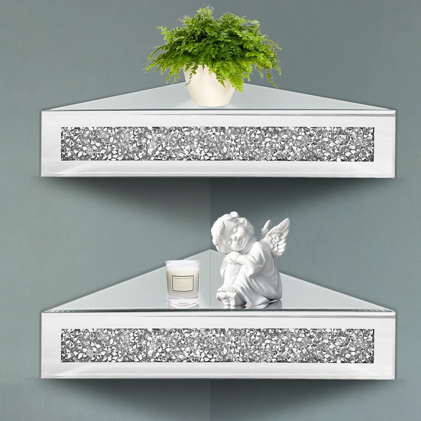 Royxen Corner Floating Shelves 2 Sets, Corner Shelf Wall Mounted Crushed Diamond, Corner Shelves Crystal Mirrored, Floating Corner Shelves for Wall