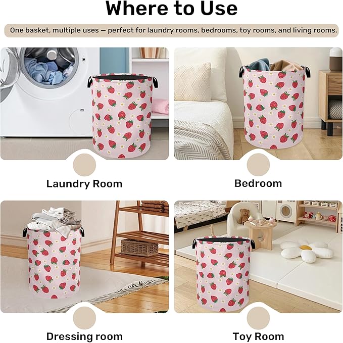 Cute Pink Strawberry Laundry Basket, Extra Large Foldable Hamper
