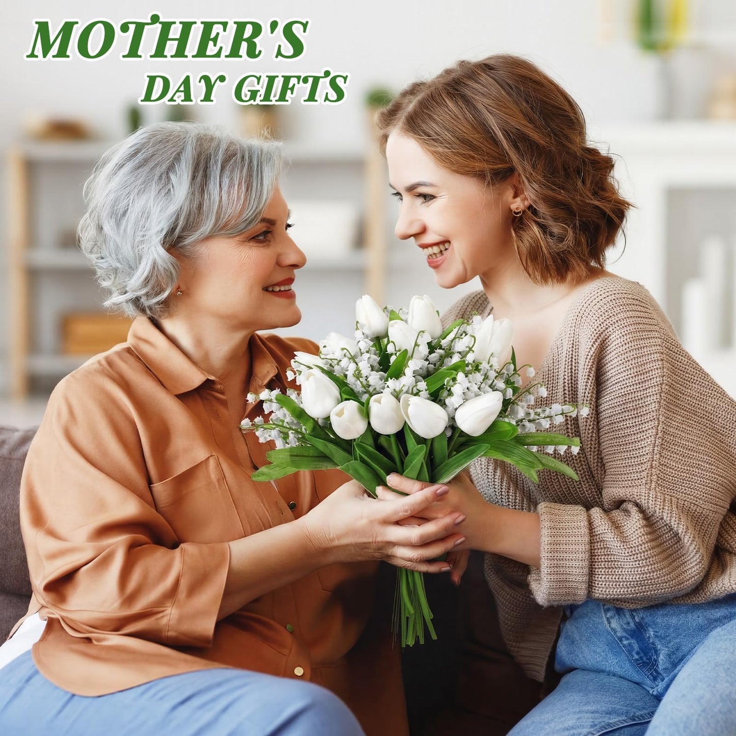 Hoteam 24 Pcs Artificial Lily of The Valley, Lifelike PU Faux Tulips, Fake Flowers Bouquet Floral Arrangements for Spring Home Decor, Spring Centerpiece, Wedding Bridal Party (White & Green)