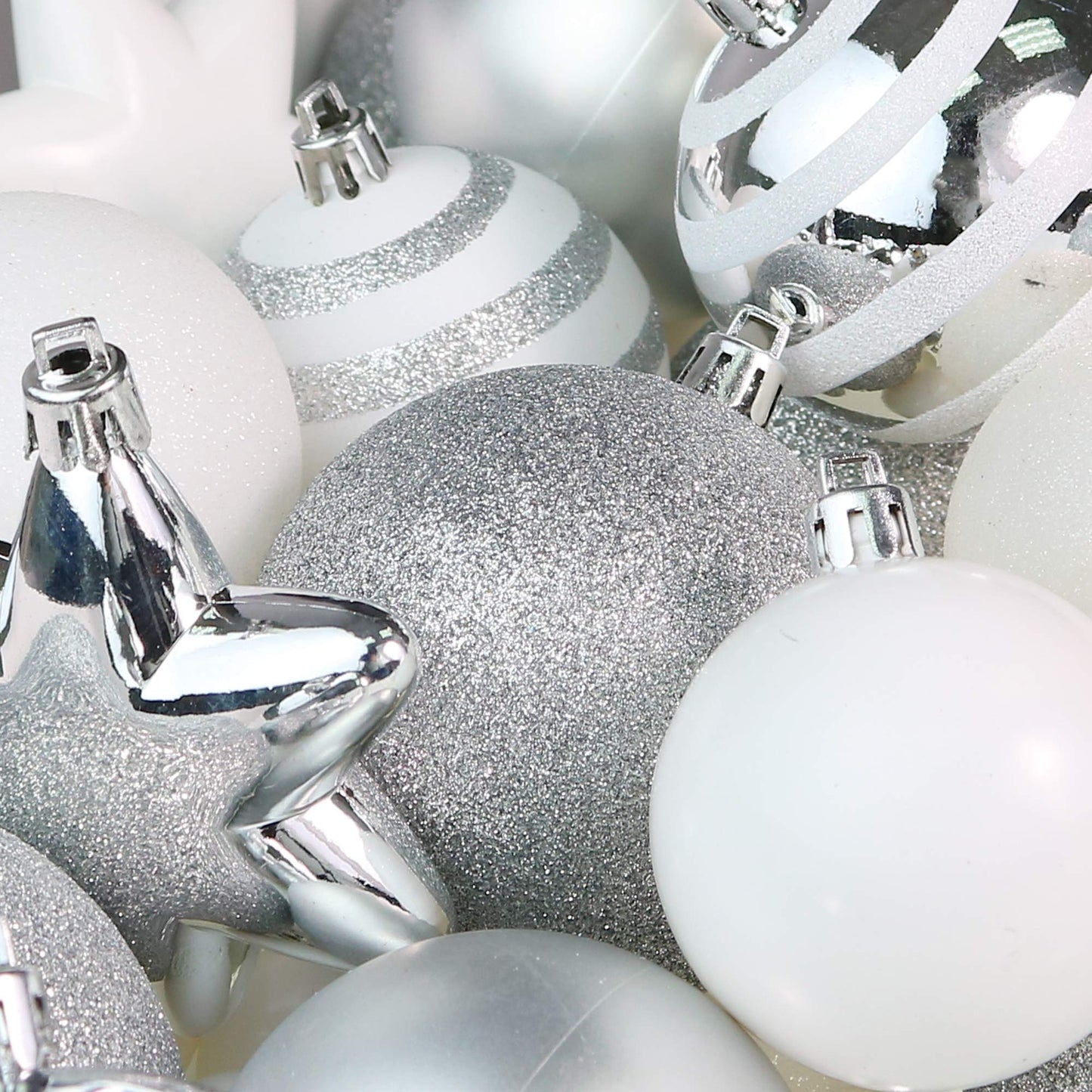 RN'D Christmas Snowflake Ball Ornaments - Christmas Hanging Snowflake and Ball Ornament Bulk Assortment Set with Hooks - 76 Xmas Ornaments and Hooks (White & Silver)