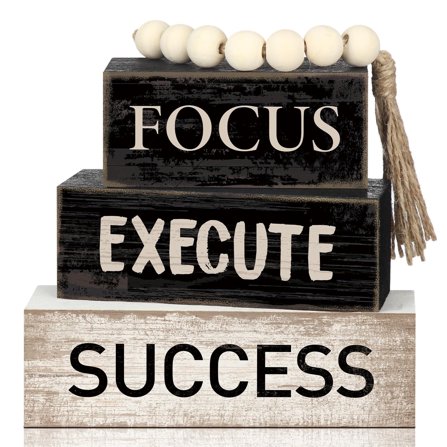 Yuntau 4 Pcs Motivational Desk Decor Wooden Office Decor Inspirational Tiered Tray Decoration Rustic Retro Wood Bead Garland Focus Execute Success Block Sign Farmhouse Centerpiece for Home Shelf