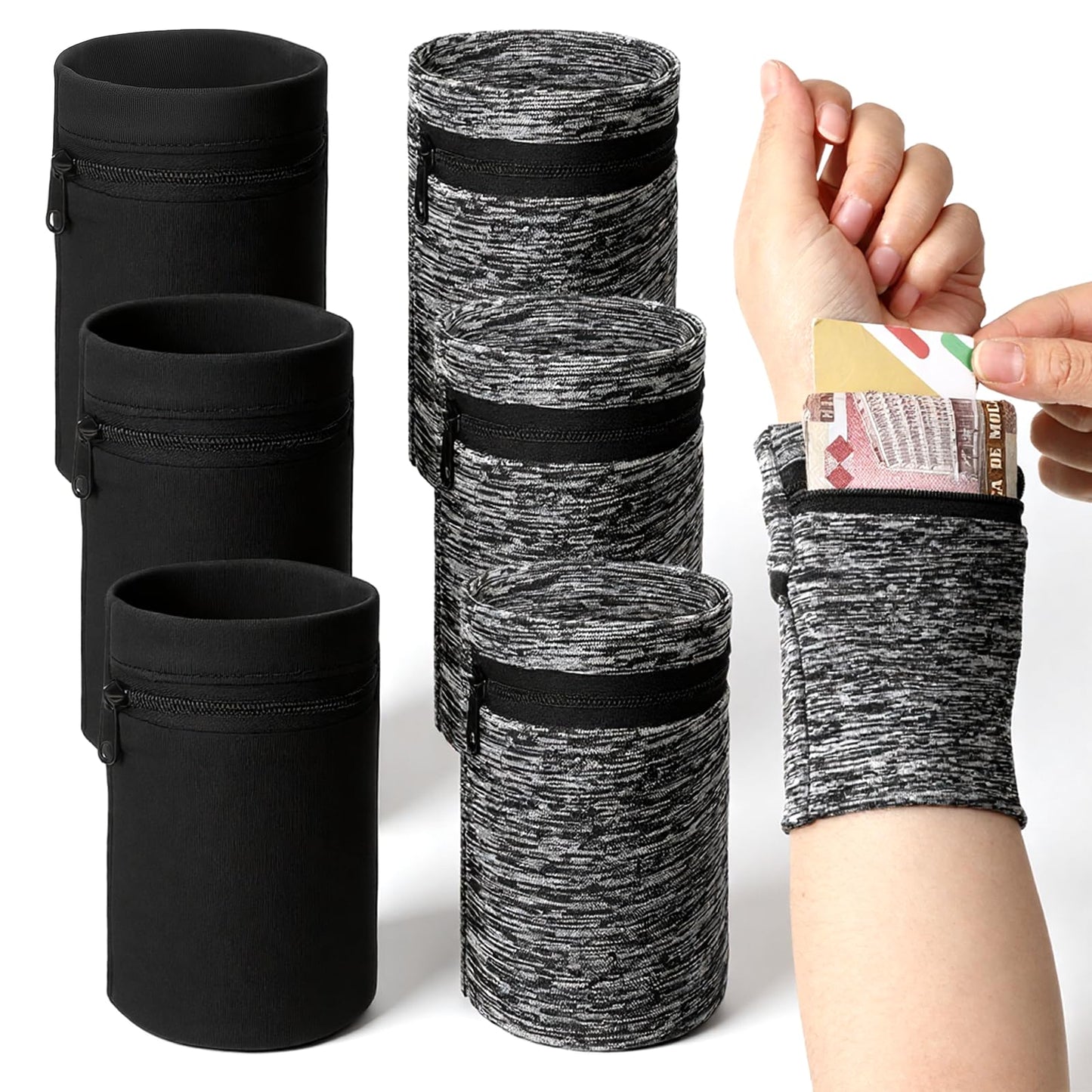 Yuanan 6 PCS Wrist Wallet, Wrist Wallet for Men Wearable Elastic Wristband with Zippered Pocket Light Running Wristbands for Storing Items During Sports, Travel and Outdoor Activities-2 Styles