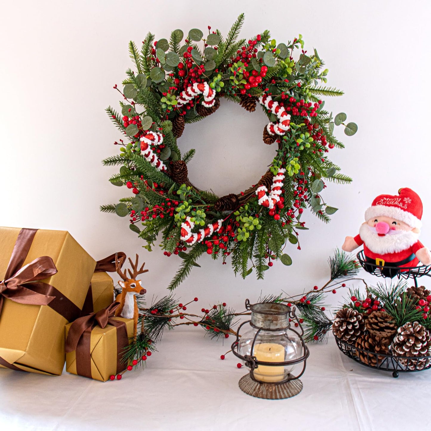 MG MagicGarden Christmas Wreaths for Front Door 20 Inches Artificial Christmas Wreath with Red Holly Berries Pine Needles Pine Cones Candy Canes for Xms Holidays