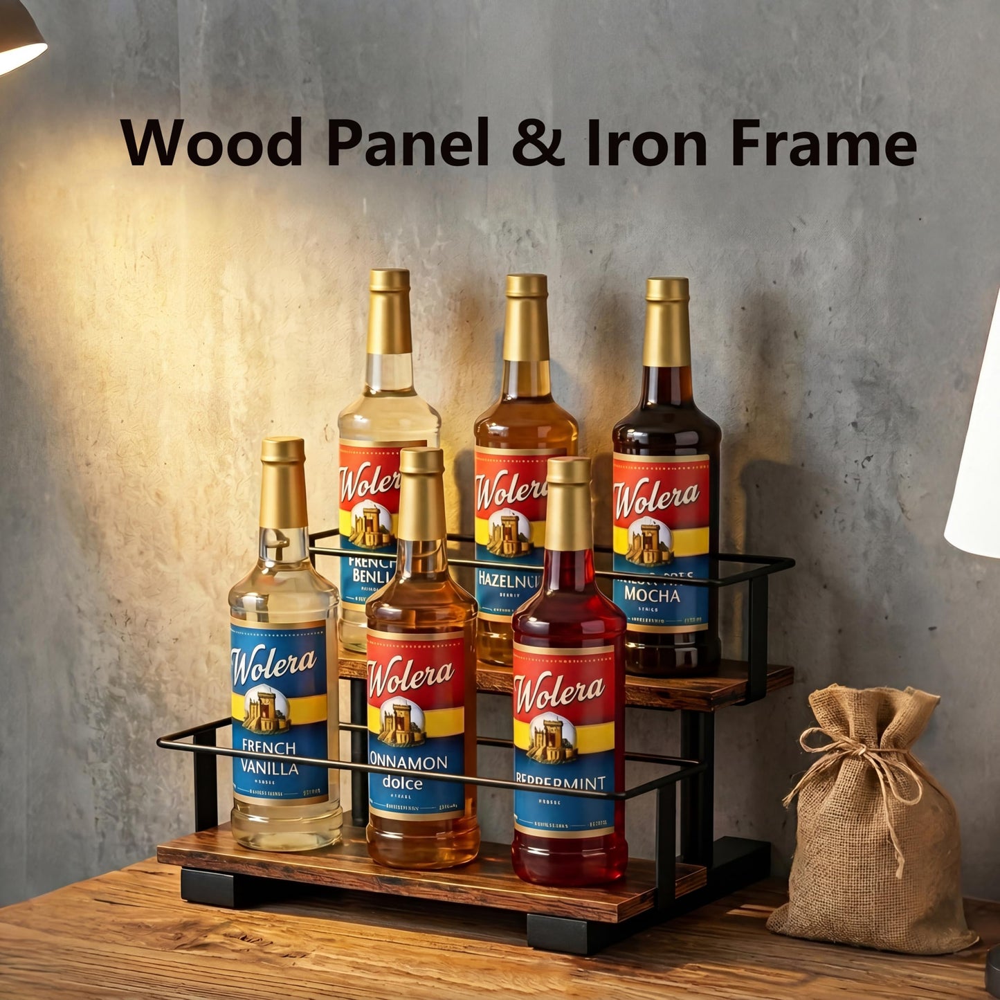 Wolera 2-Tier Coffee Syrup Organizer Rack – Holds 6 Syrup Bottles, Space-Saving Countertop Display Shelf for Coffee Bar, Liquor, Spice Jars & Essential Oil Bottles, Rustic Wood & Metal Stepped Shelf