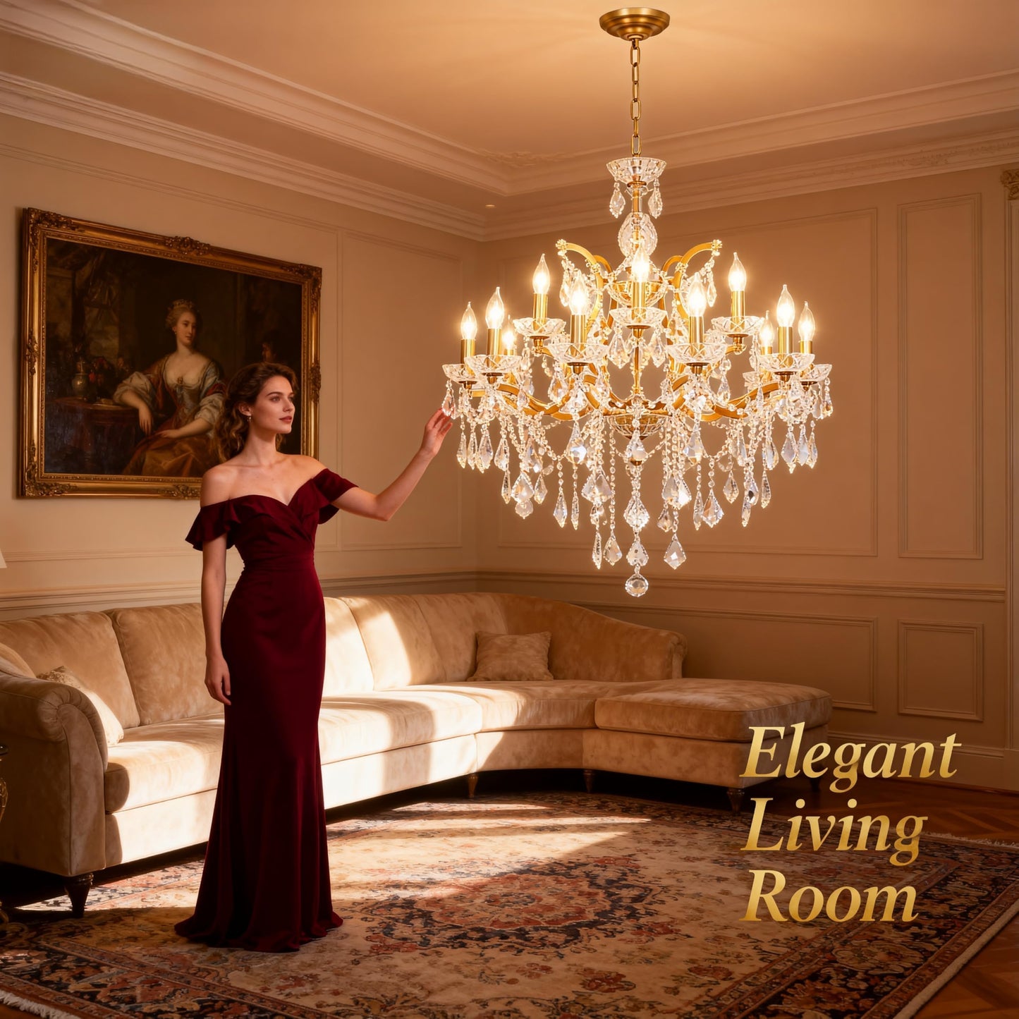 MEELIGHTING Antique Gold Crystal Chandeliers, Luxury Polished Golden Bronze Candle Pendant Ceiling Light Fixture, 15 Lights Golden Crystal Chandelier for Dining Room Living Room Bedroom Foyer