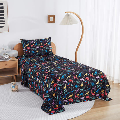 lasoftan Kids Sheet Set Twin Size, Twin Sheet Set with Space Dinosaur Pattern，Breathable Silky Soft Microfiber Kids Fitted Sheet