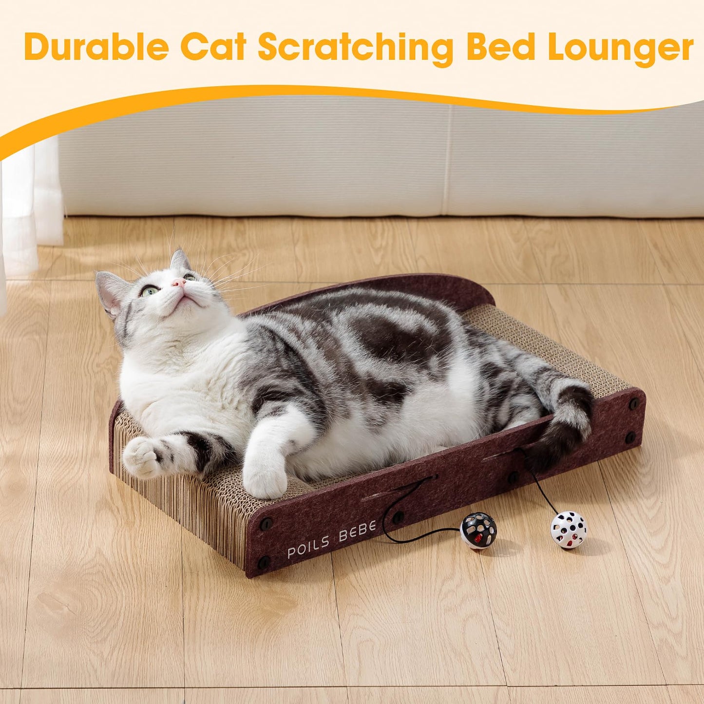 Poils Bebe 21 Inch Sofa Cat Scratcher, Small Cat Scratcher Cardboard with Bell Balls, Durable Couch Lounger for Indoor Cats, Cat Scratch Furniture Protector with Catnip, Cat Toys