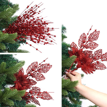 24 Pack Christmas Tree Ornaments - Artificial Flowers Glitter Berry Stems Christmas Floral Picks Branches for Xmas Tree Decorations Vase Filler Holiday Wedding Party Home Decor (Red)