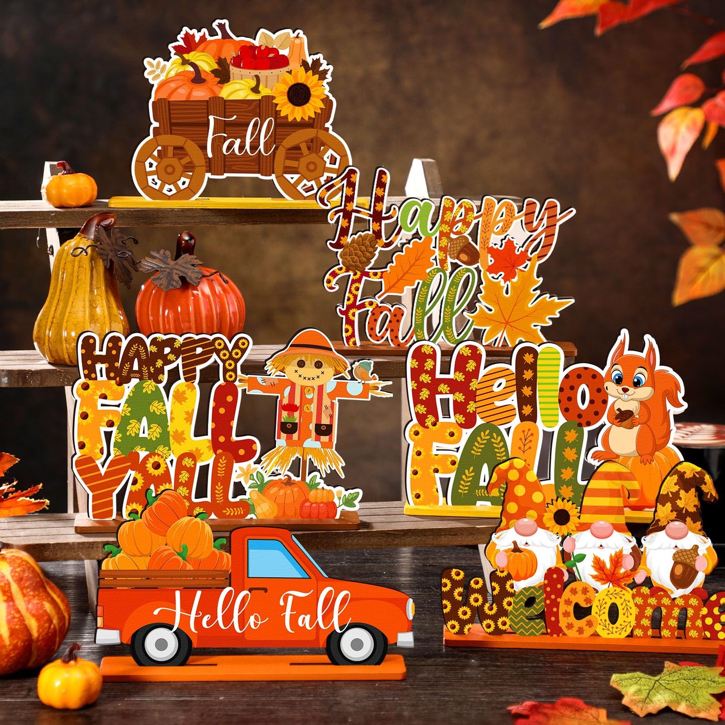 CroBlissful 6 Pcs Thanksgiving Decorations for Home Fall Table Centerpiece Hello Autumn Wooden Table Sign Pumpkin Gnome Truck Wood Tabletop Decor Harvest Party Decorations, 6 Styles