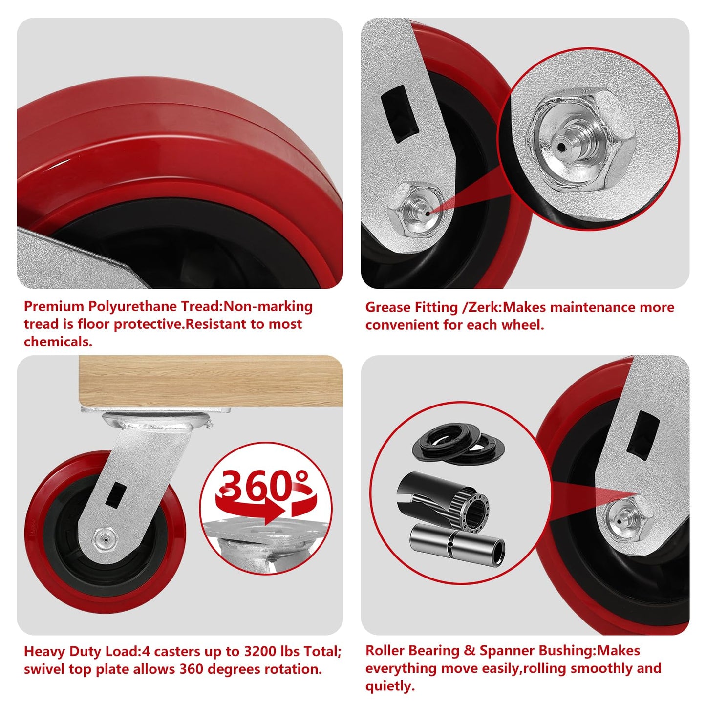 NINOSO Heavy Duty Casters, 5" Industrial Swivel Casters, Polyurethane Tread on Polypropylene Core, Casters Set of 4 with Load 3200lbs Capacity, Caster Wheels for Cart Toolbox (4 Swivel)