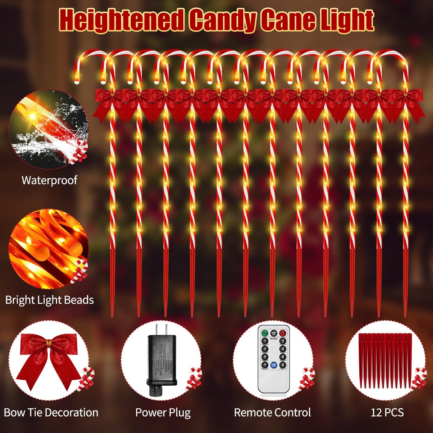 Christmas Candy Cane Pathway Lights, 12PCS 120 LED Christmas Lights Outdoor Decorations with Red Bow Waterproof, 8 Modes Timer Remote Christmas Walkway Light for Xmas Home Yard Lawn Patio Decor