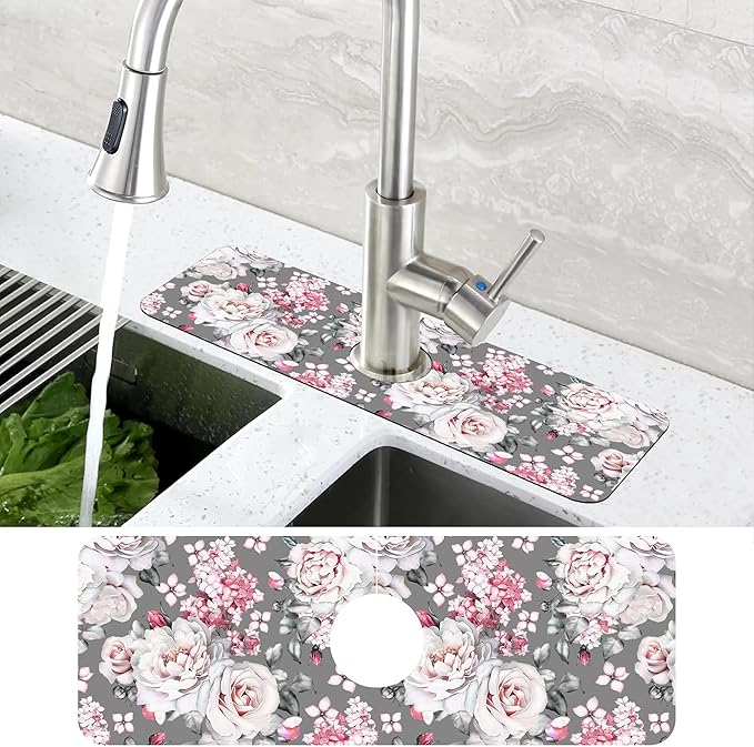 Watercolor Rose Peony Floral Dish Drying Mat