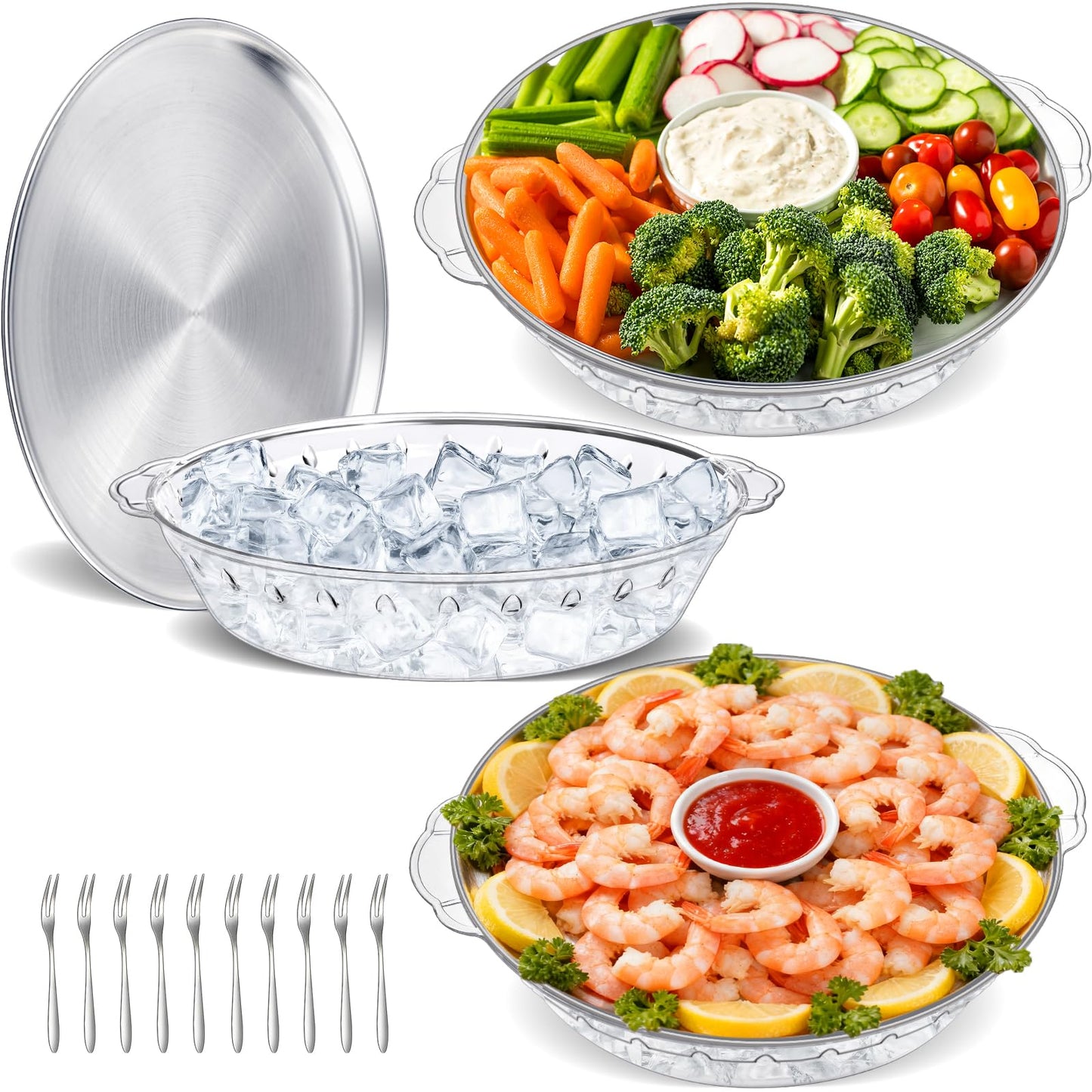 3-Pack 11.8" Chilled Serving Tray for Parties with Ice Underneath & 10 Forks – Cold Platter for Fruit, Veggies, Seafood, Shrimp Cocktail, Appetizers – Buffet, Picnic, Outdoor Party Keep food Cold Dish