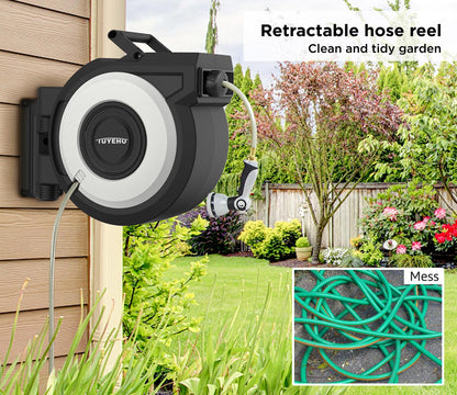 Tuyeho Retractable Garden Hose Reel 100FT, Wall Mount Heavy Duty Water Hose Reels with Automatic Slow Rewind System, Outdoor Hoses Reel with 2 Hose Nozzles for Garden Watering, Car Wash, Pet Shower